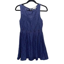 Monteau Floral Eyelet Lace Fit and Flare Mini Dress Navy Blue Women's Size Small
