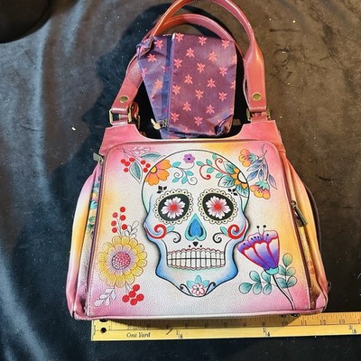 Anuschka Sugar Skull Leather Purse Hand Painted Medium Organizer Bag