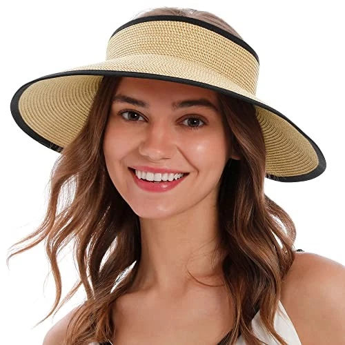 Simplicity Women's Summer Foldable Wide Brim Beach Hats Straw Sun Visor Hats