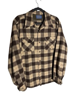 Vintage Pendleton Wool Board Shirt Loop Collar Brown Plaid Men's L