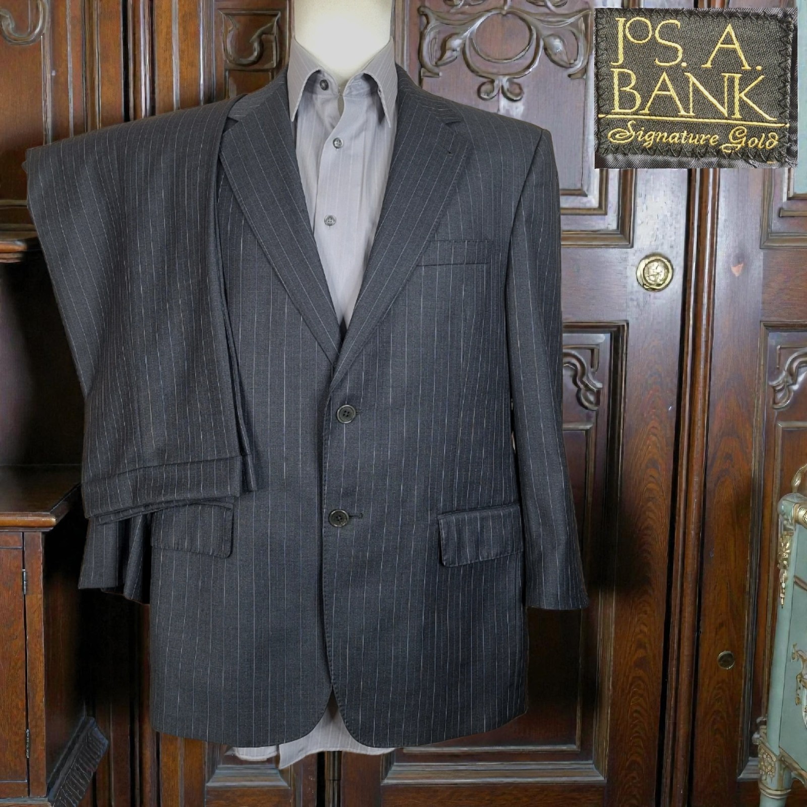 Joseph A Bank 2 Piece Suit Mens 40S 34X28 Medium Gray Stripe SV Wool