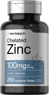 Horbäach Chelated Zinc Supplement 100mg 250 Tablets High Potency Gluten Free