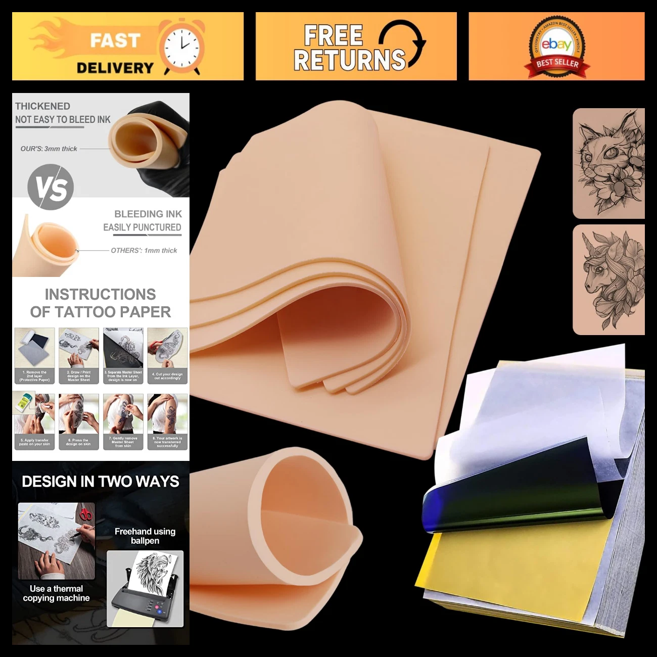 Tattoo Practice Skins 3MM - 25Pcs Thick Fake Skin & Stencil Paper Kit, 20Pcs Tat image 1