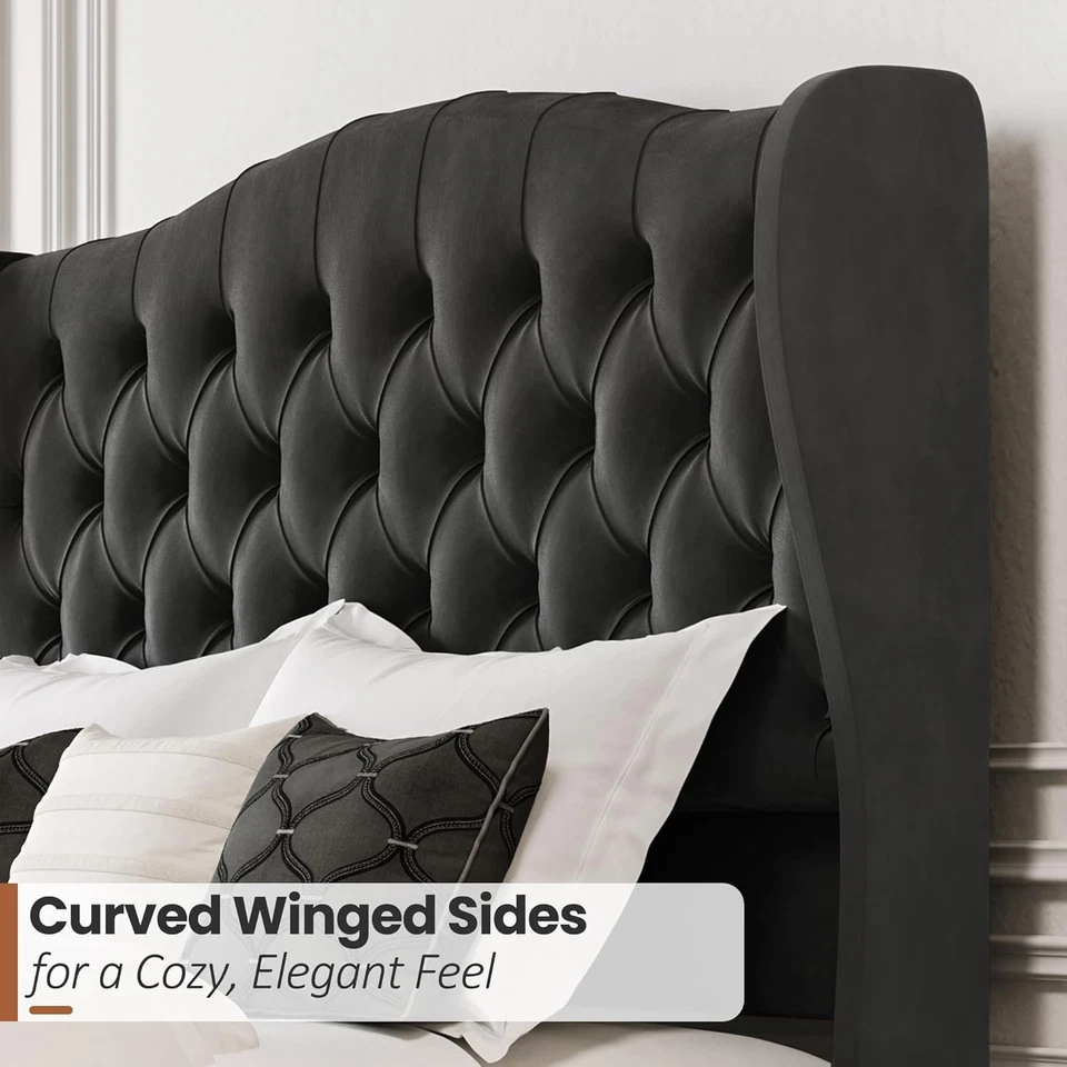 Black Queen Velvet Upholstered Bed – Wingback Tufted Headboard No Box Spring - Image 4 of 4