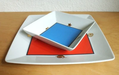 Thomas Porzellan 2x Loft eckig Schale Teller Müslischale weiß rot blau gold RAR - Bild 1 von 4