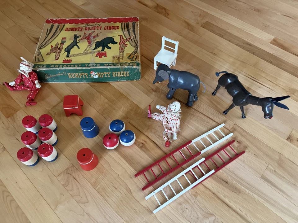 Lote de circo vintage Schoenhut Humpty Dumpty (21 piezas) y caja - Delavan años 50 Foto 2 de 4