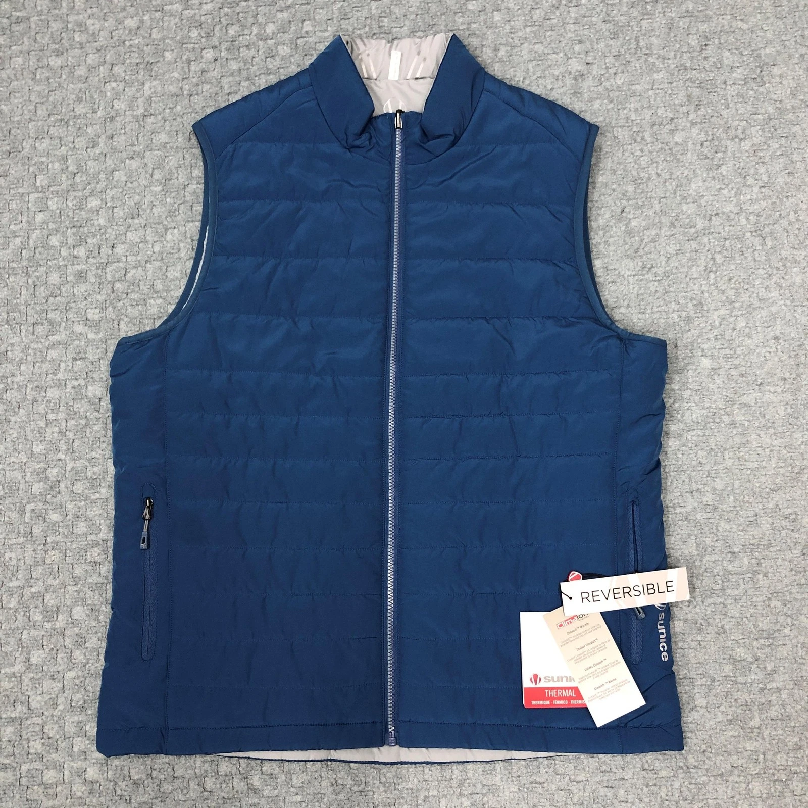 Sunice Puffer Vest Mens Large Blue Reversible Thermal Climaloft Golf S64002 Cozy