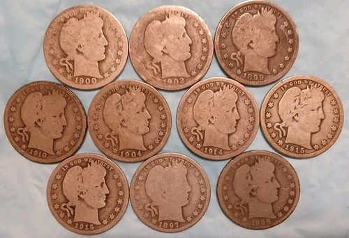 Barber  Silver Quarters   Dealer Lot   10 Pcs    All  With Dates  •  90% Silver!