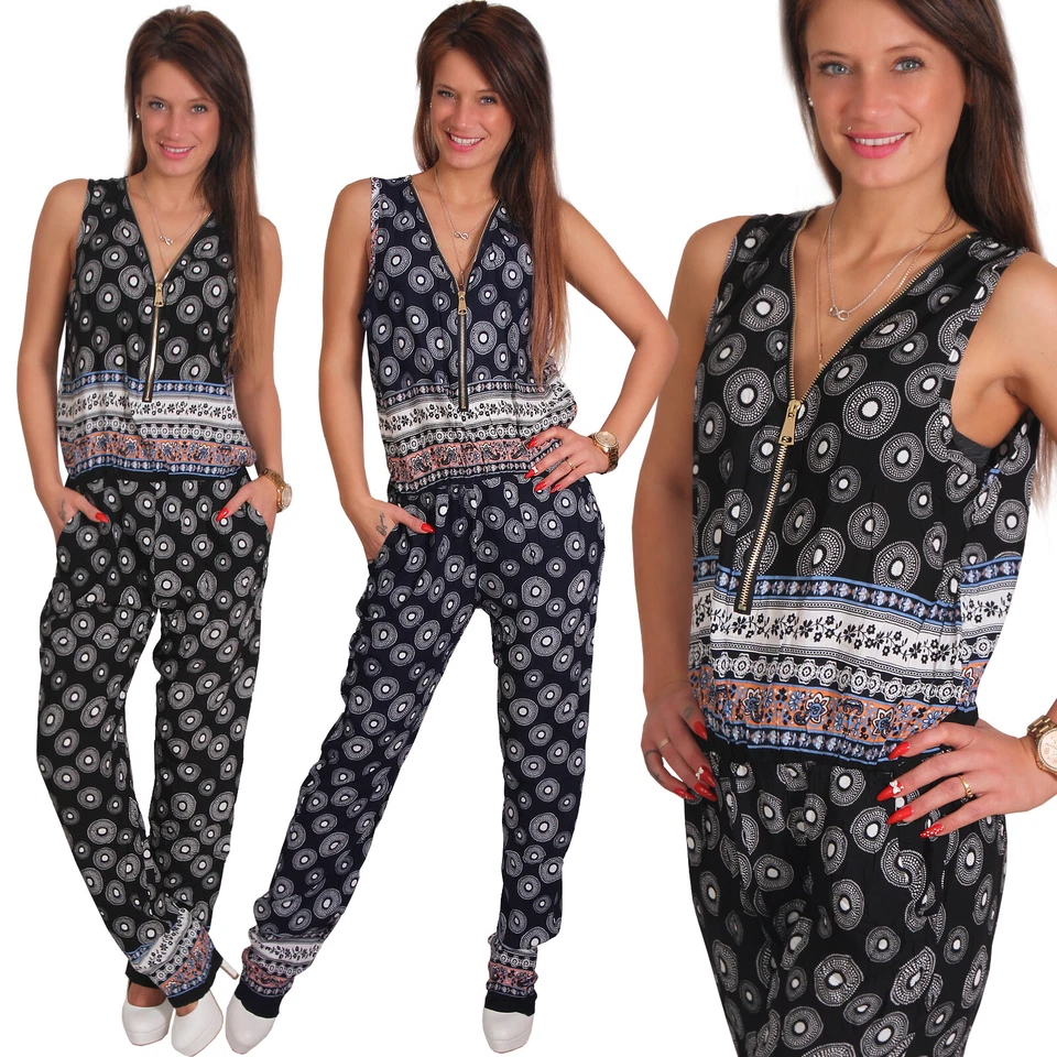 Overall Jumpsuit Hosen Anzug Reißverschluss Blumen Kreis Einteiler Stretch Blume - Bild 1 von 1