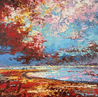 Original Seaside Beach Art Textured Palette Knife Oil Painting Sunset Clouds sky