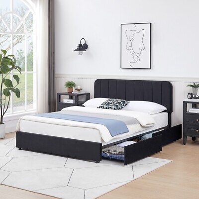 VECELO Full/Queen Bed Frame with 4 Drawers & Adjustable Upholstered Headboard