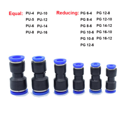 Pneumatic Push In Fittings Straight Equal/Reducing Connectors For Air Tube Hose