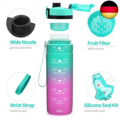Alwager Motivations-Wasserflasche Mit Zeitmarkierung – BPA-frei, Mit Fruchtsieb & Tragegurt, 1000 Ml