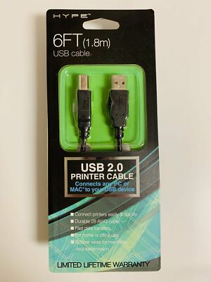 2x Hype 6 FT USB Cable USB 2.0 Printer Cable PC Mac 1.8m