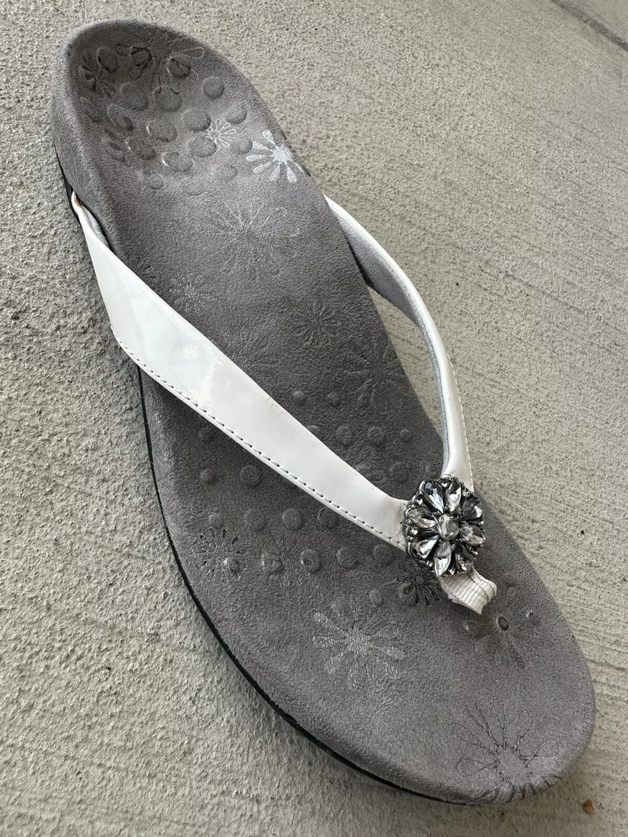 Vionic Sandals Womens 9 Sharon White Gray Thong Flip Flop Slip On Flats Casual