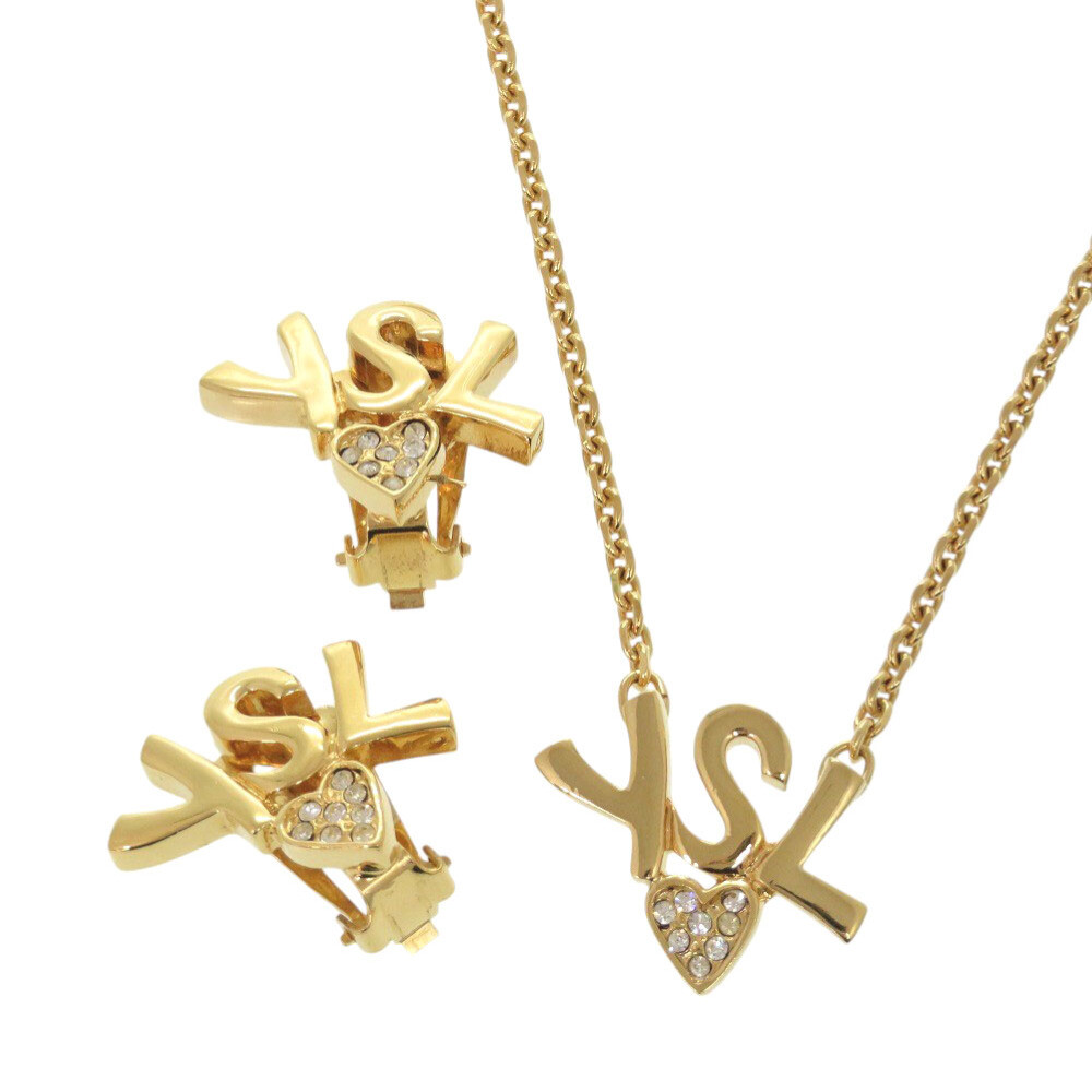AUTHENTIC YVES SAINT LAURENT Necklace Earrings Heart logo Gold