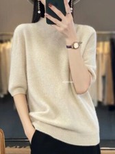 Half Sleeve Cashmere Women Knitted Sweater Merino Wool Spring Mock-Neck Top