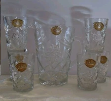 Anchor Hocking Early American PRESCUT Clear Glass Pitcher and 6 Glasses