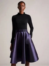 Ted Baker Zadi Midi Dress Knitted Bodice Navy Black Long Sleeve Size 5 UK 16