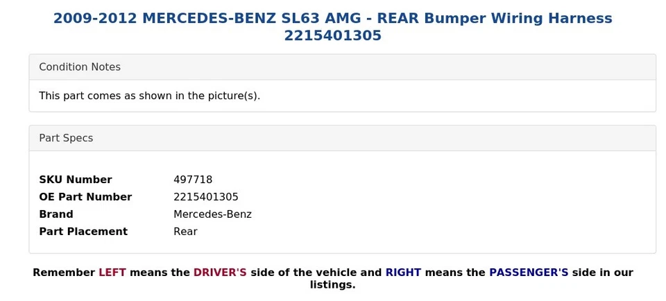 Mercedes-Benz SL63 AMG 2009-2012 - Arnés de cableado de parachoques trasero 2215401305 Foto 4 de 4