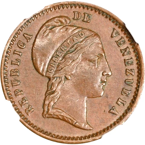 1852 Venezuela 1/2 Centavo NGC AU 55. KM-Y-5.2, 23 Berries in Wreath