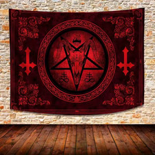Satanic Tapestry Wall Art Polyester Lucifer Ritual Pentagram Baphomet Symbol