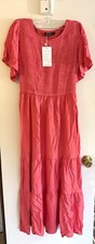 ZESICA Women’s Smocked Tiered Midi Dress Coral Pink Puff Sleeve Size Small NWT
