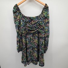 Topshop Ruched Floral Mini Dress Size 12 Boho Long Sleeve Black Multi Wildflower