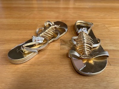 GIUSEPPE ZANOTTI Gold Leather Crystal Fishbone Flat Sandal SZ 10