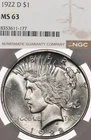 1922-D $1 NGC MS63 Peace Silver Dollar Denver Bright White Uncirculated