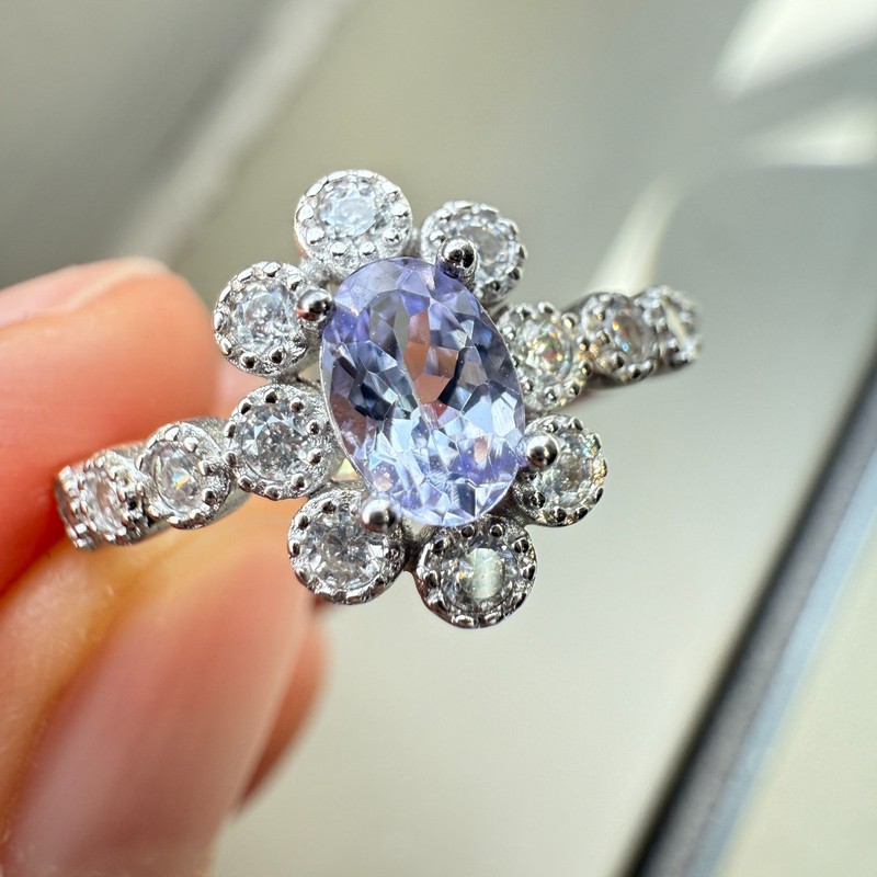 925 Sterling Silver Ring 6x4mm Natural Tanzanite Gemstone Zircon Flower Handmade