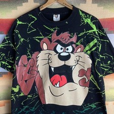 VTG 90s Looney Tunes Taz Tasmanian Devil AOP Allover Black T-shirt Mens XL