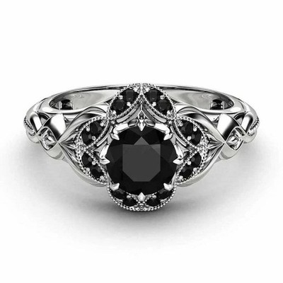 3,20 kt runder, im Labor hergestellter schwarzer Onyx Damenring 14 K Weißgold-Finish