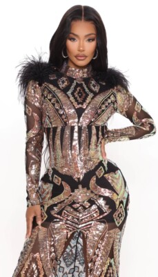 long black and gold sequin dress, new fashion nova dress