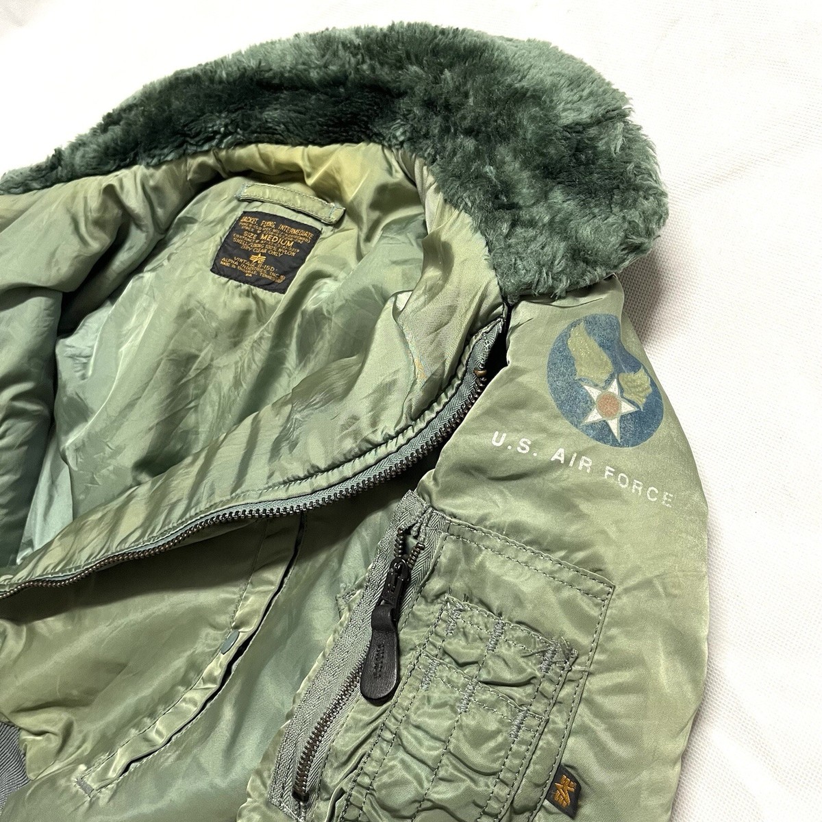 VINTAGE ALPHA IND TYPE B-15D USAF FLIGHT JACKET 70/80 SAGE VINTAGE ALPHA IND TYPE B-15D USAF FLIGHT JACKET 70/80 SAGE