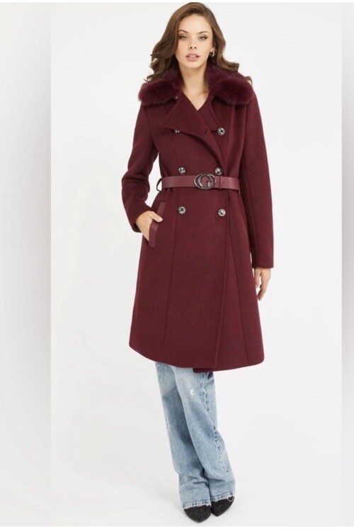 New Guess Patrice Removable Faux Fur Collar Long Belted  Breasted Coat 0 XS image 3