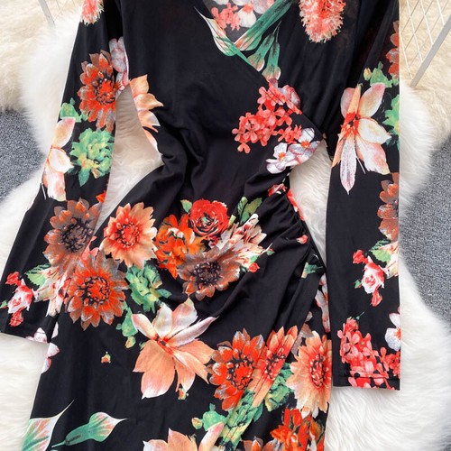 Women Floral Bodycon Dress Long Sleeve V-neck Split Stretch Slim Sexy Retro Midi - Picture 9 of 14
