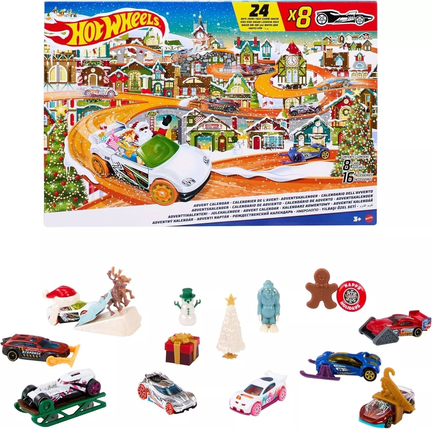 Hot Wheels Toy Car Set Advent Calendar with 8 1:64 Scale Vehicles 16 Acc