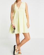 Asos Design Cotton Poplin Plunge Mini Sundress With Ruched Waist Yellow Size 4