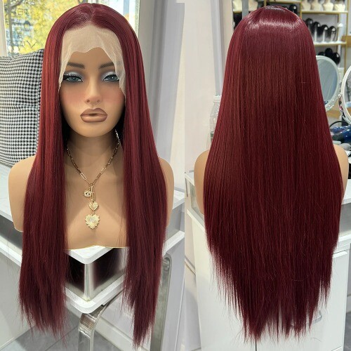 Wine Red Long Straight Hair Synthetic Lace Wigs Straight  display picture 1