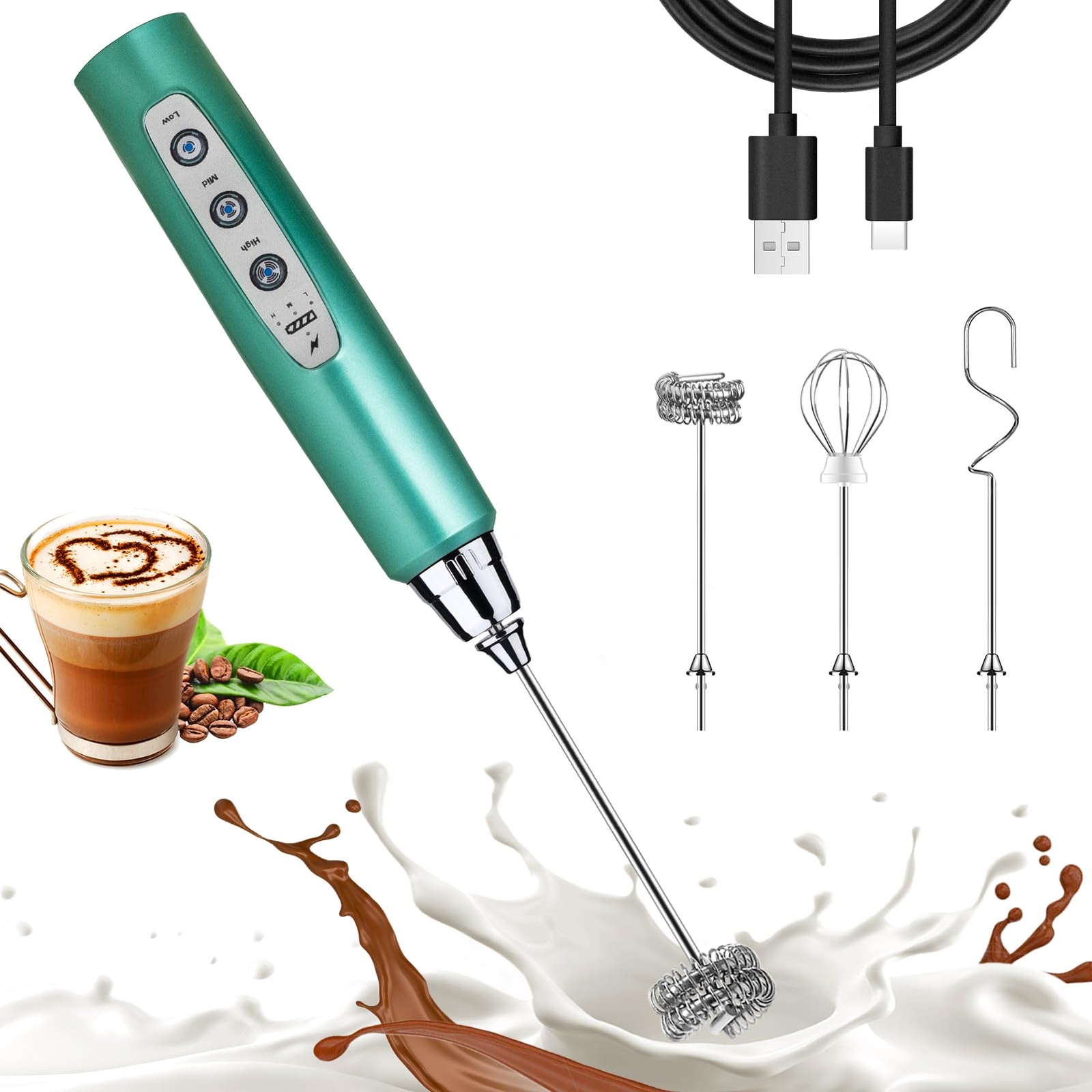 Green Milk Frother Wand for Coffee, Frother Handheld Rechargeable Electric Wh...