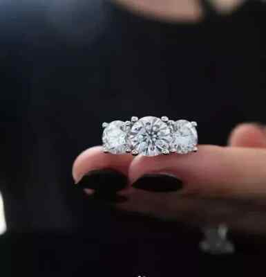 4Ct Round Cut Real Moissanite Three-Stone Wedding Ring 14K White Gold Plated