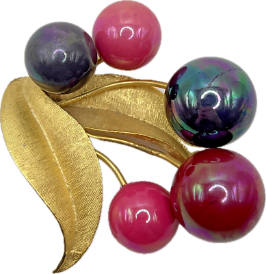 Unique Rare Signed MARVELLA Chunky Fruit BROOCH Iridescent Beads Costume  Jewelry