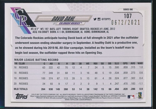 2021 Topps Series 1 Gold #107 David Dahl /2021 MINT - Picture 2 of 2