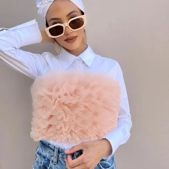 ZARA NEW WOMAN OFF-SHOULDER CROP KNIT TOP WITH TULLE PALE