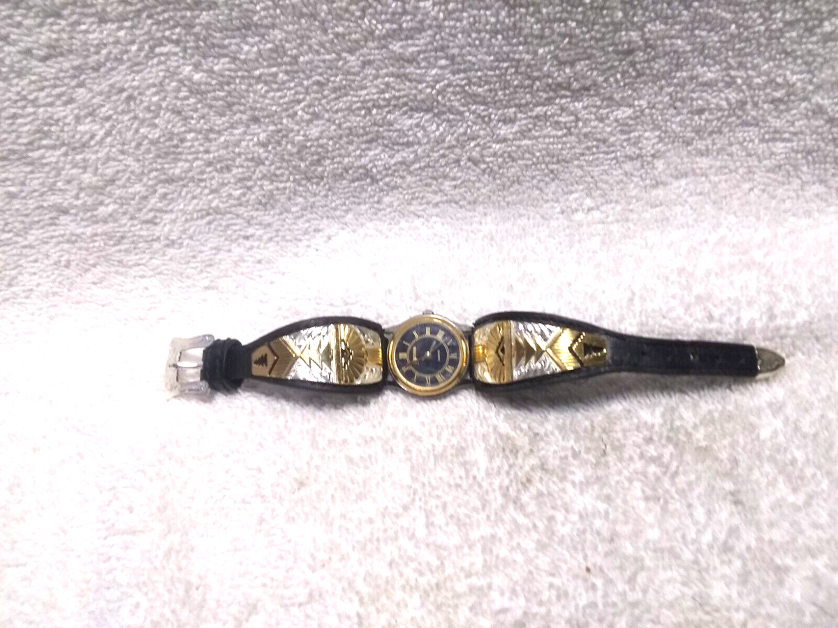 Montana Silversmiths Watch Silver Gold Black Leather - Tested