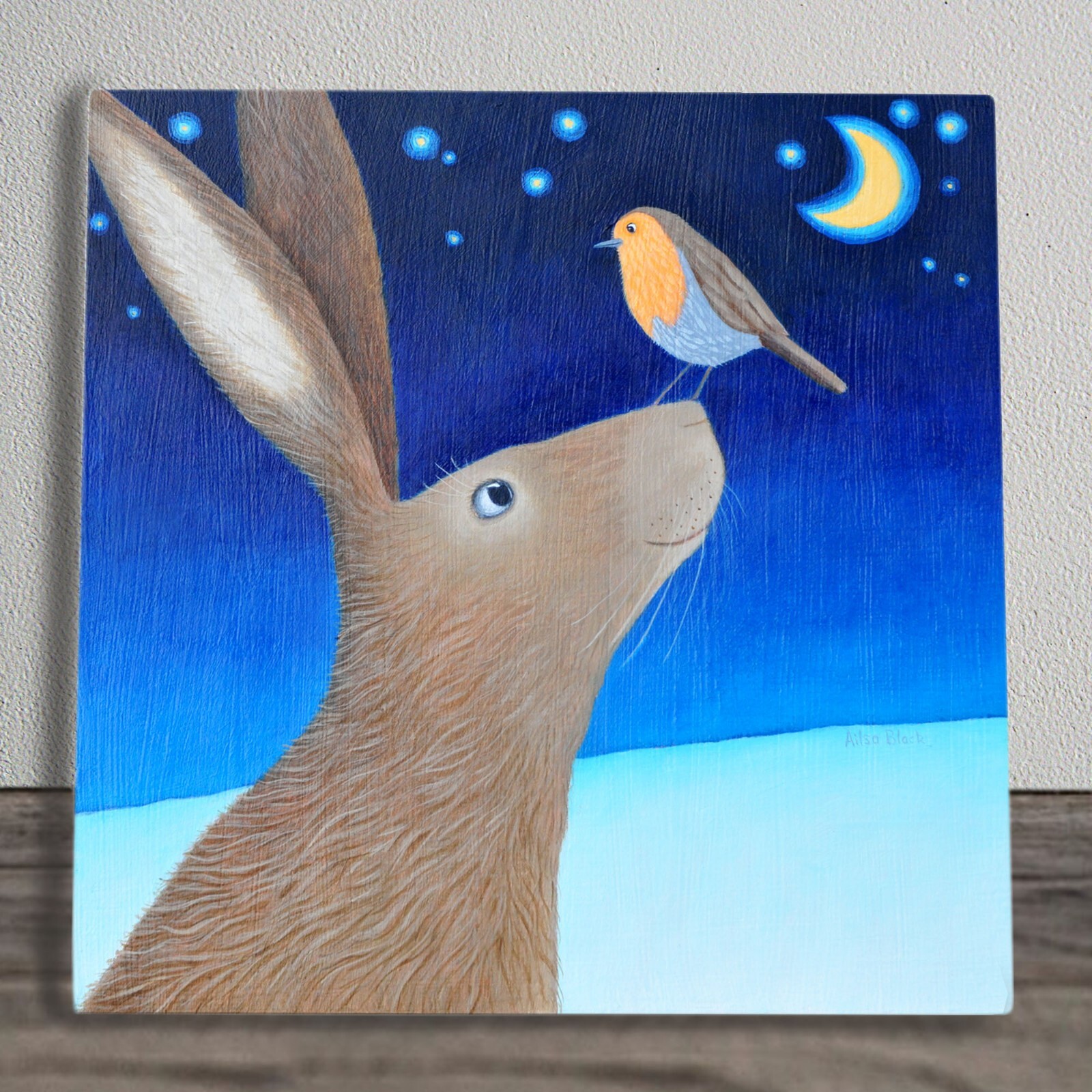 Hare & Robin Ceramic Tile Picture Plaque Sign Moonlight Art Alisa Black 20x20cm
