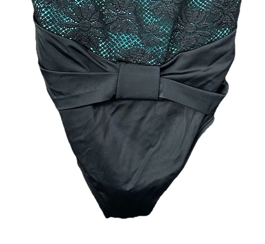 Longitude Womens Blue w/ Black Crochet Daisies Overlay One Piece Swimsuit Sz 12 - Image 3 of 4