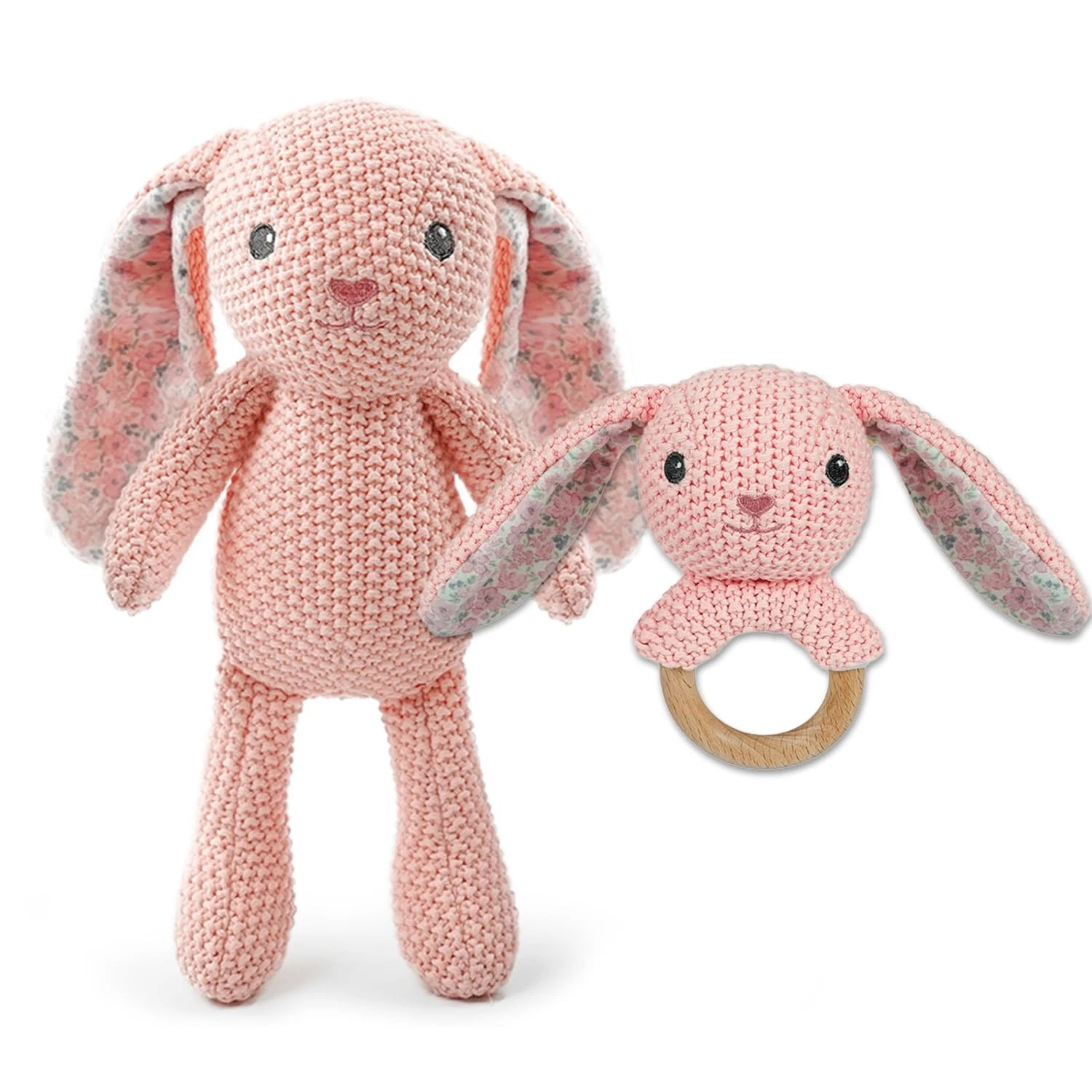 Pink Bunny Wooden Baby Rattle 2 PCS 10'' Rabbit Crochet Cotton Stuffed Animal...
