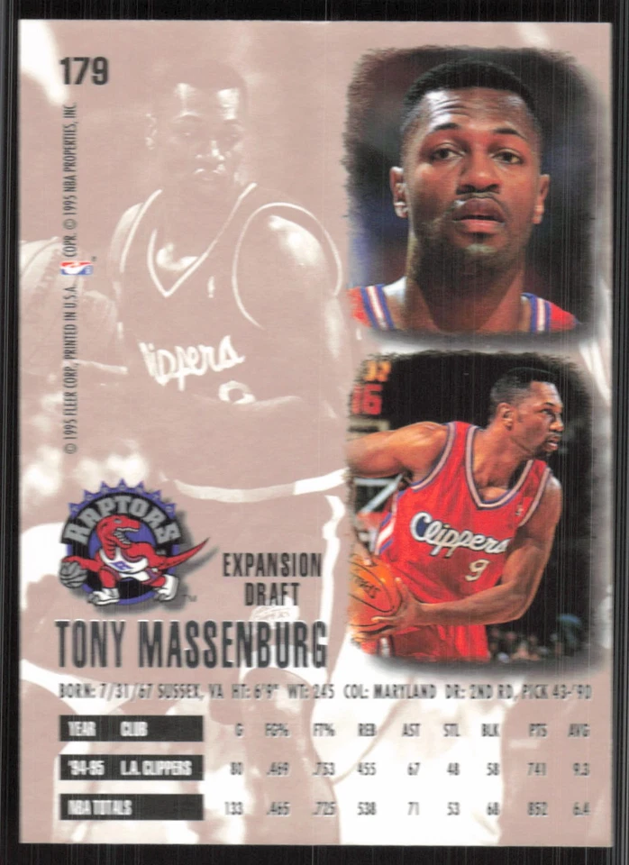 Tony Massenburg, 1995-96 Ultra, #179, Toronto Raptors, - Image 2 of 2